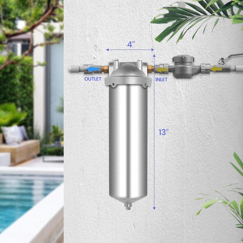 Amwater حاوية فلتر مياه منزلية من الفولاذ المقاوم للصدأ NSF/ANSI 42، نظام فلتر مياه للشوائب بحجم 10" × 2.5" للاستخدام الثقيل، مياه الآبار والمدن، منفذ NPT 1/2"، صمام تصريف نمط C - Image 2